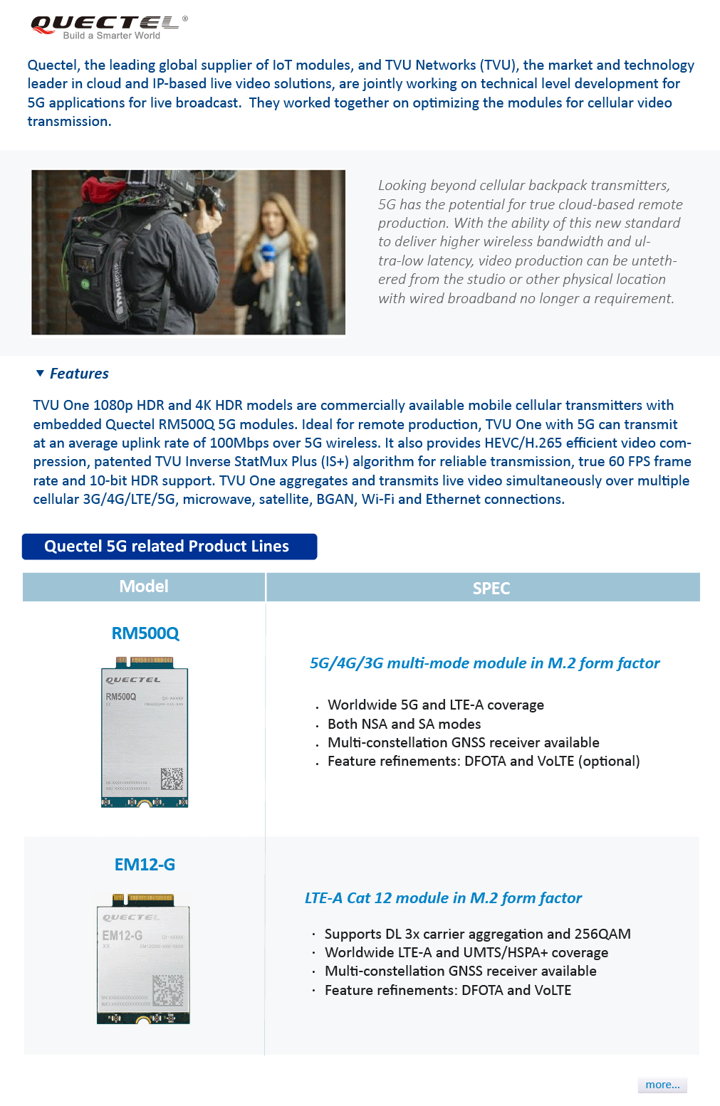 Quectel, the leading global supplier of IoT modules, and TVU Networks (TVU), the market and technology leader in cloud and IP-based live video solutions, are jointly working on technical level development for 5G applications for live broadcast. They worked together on optimizing the modules for cellular video transmission. 