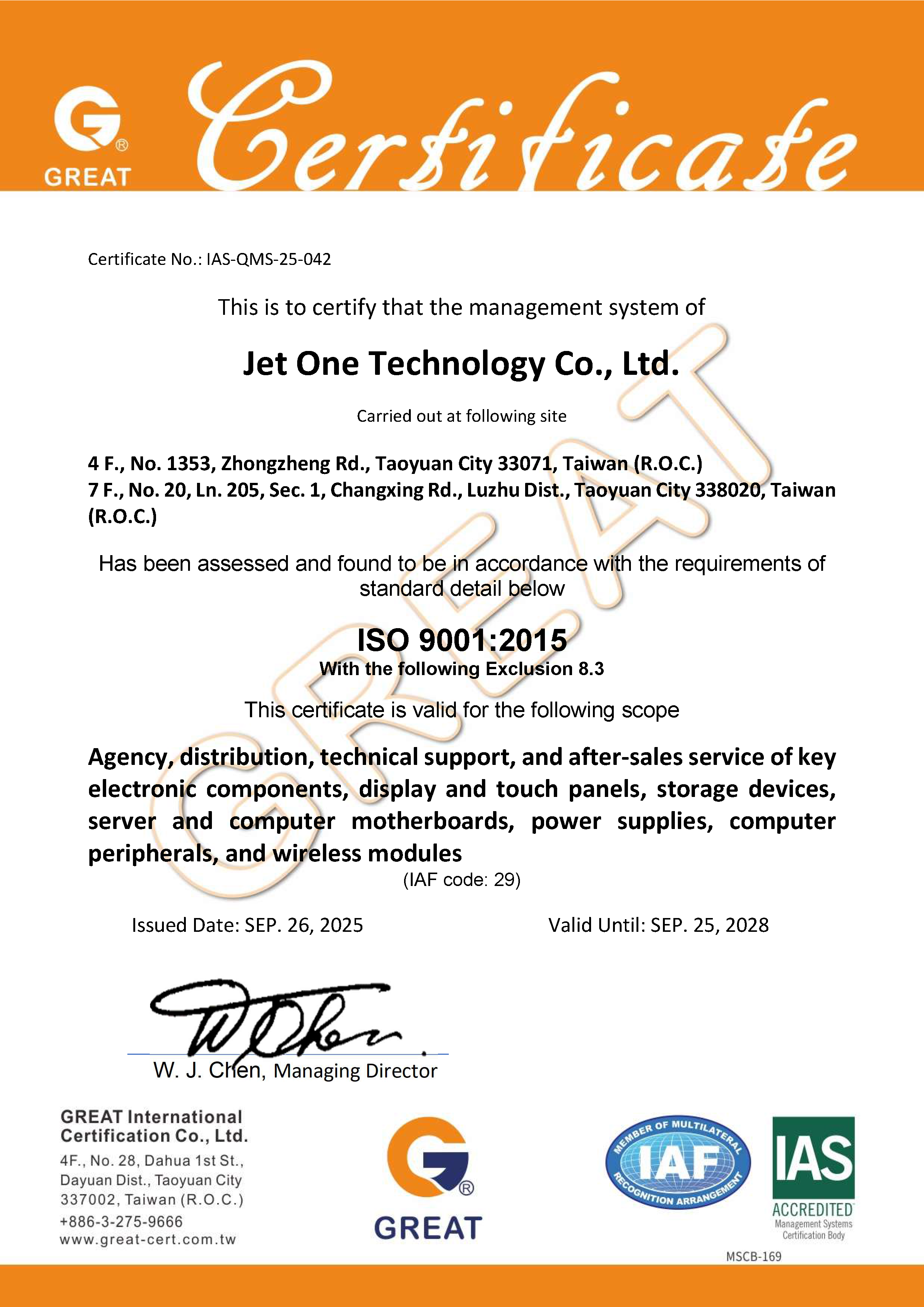Jet One捷毅國際_QMS Certificate_ISO 9001 2015 Jet One捷毅國際_QMS Certificate_ISO 9001 2015